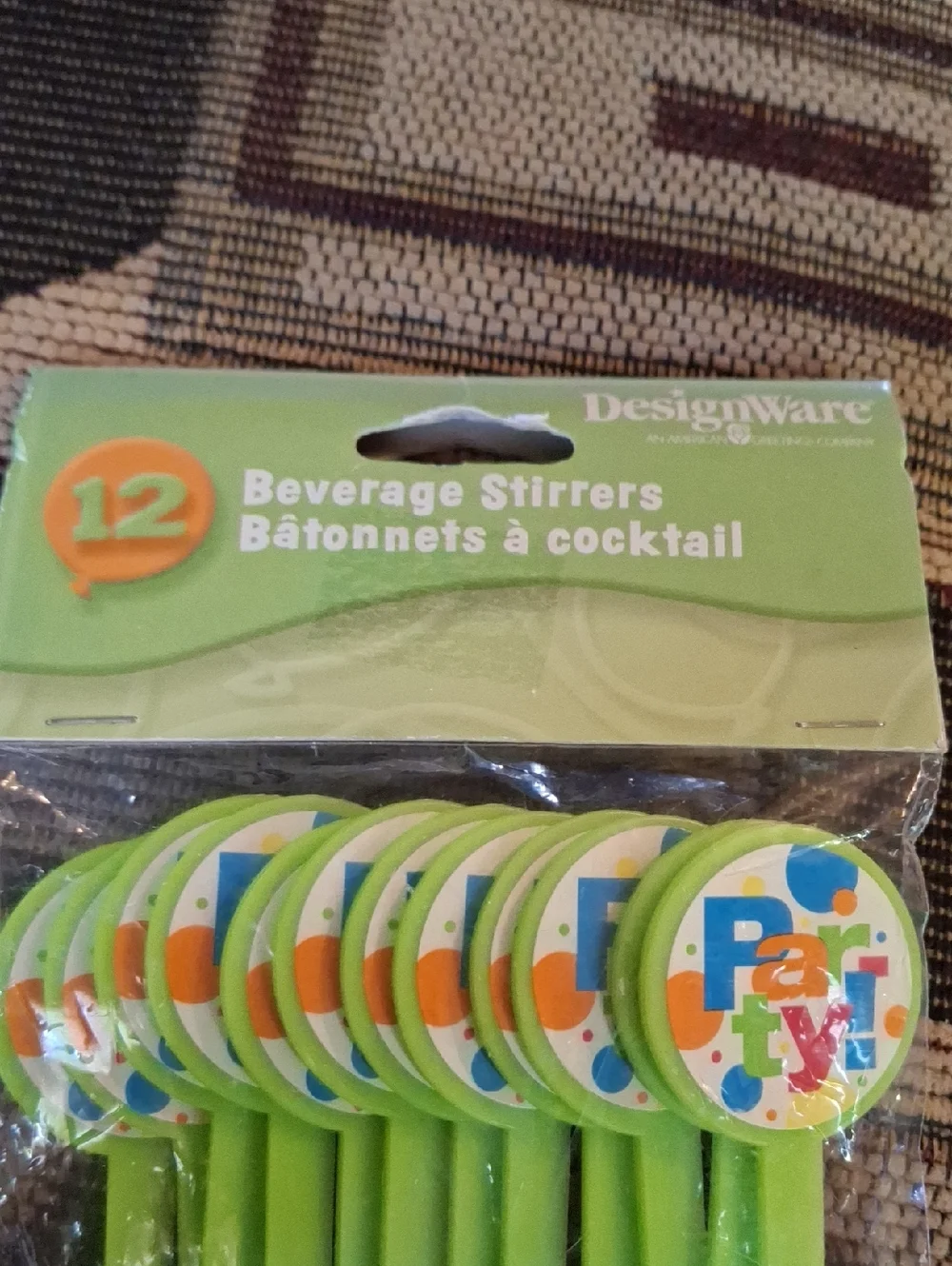 DesignWare Lime Green Beverage Stirrers with Colorful 'Party' Topper - 12 Pack